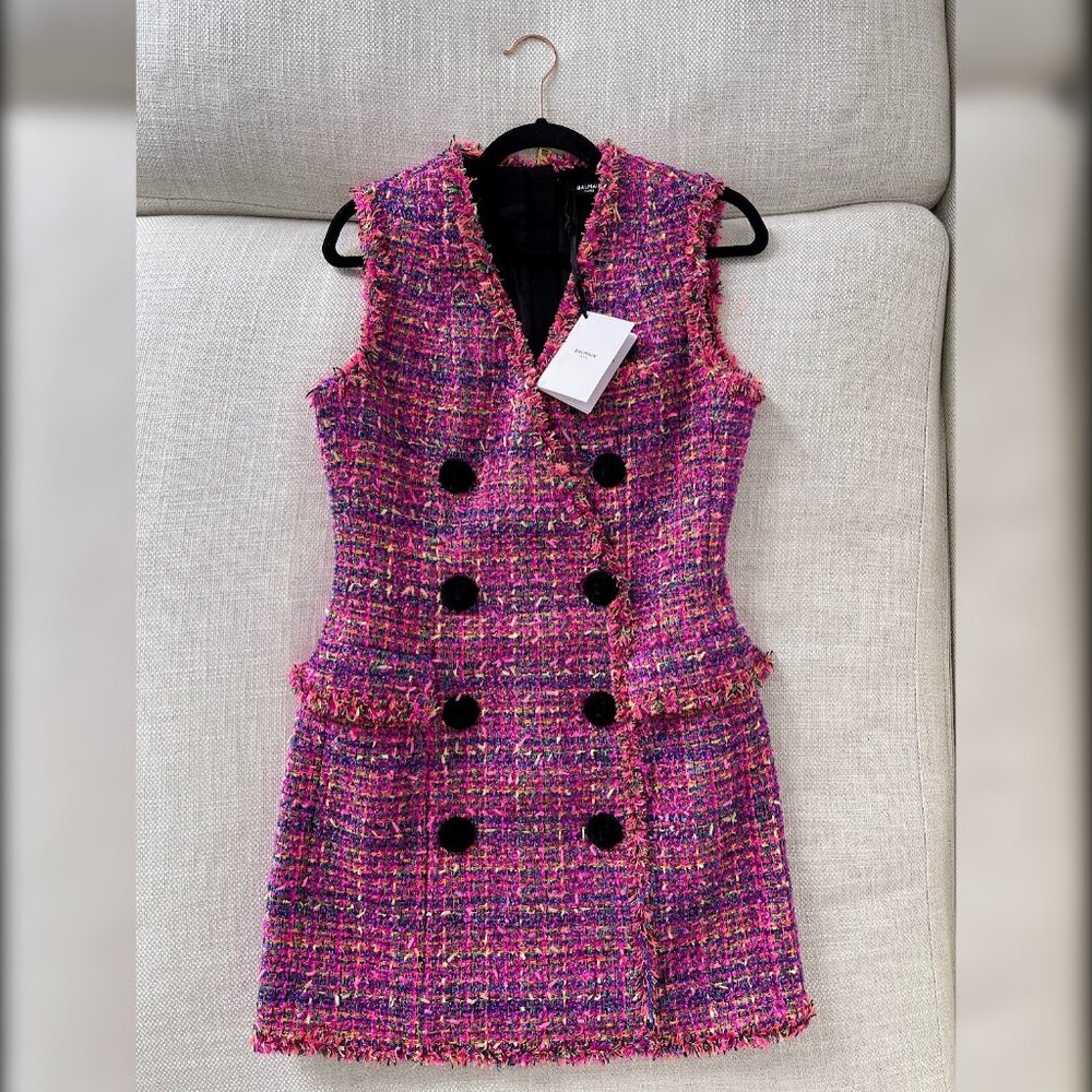 NEW WITH TAGS!!! BALMAIN Double-breasted tweed minidress PINK SIZE 40FR - 8US